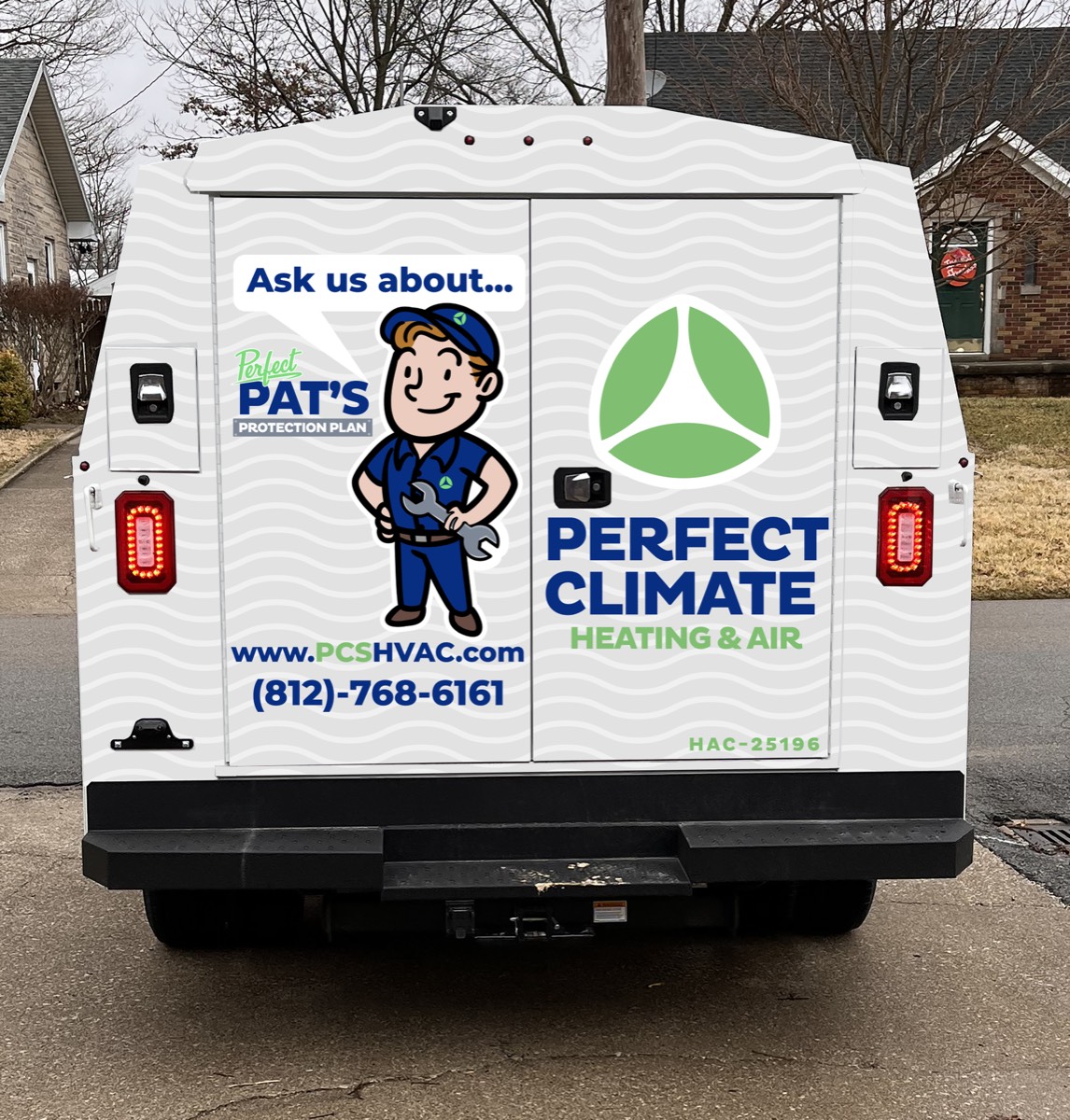 The back of a Perfect Climate service truck reading 'Ask us about Pat's Protection Plan'