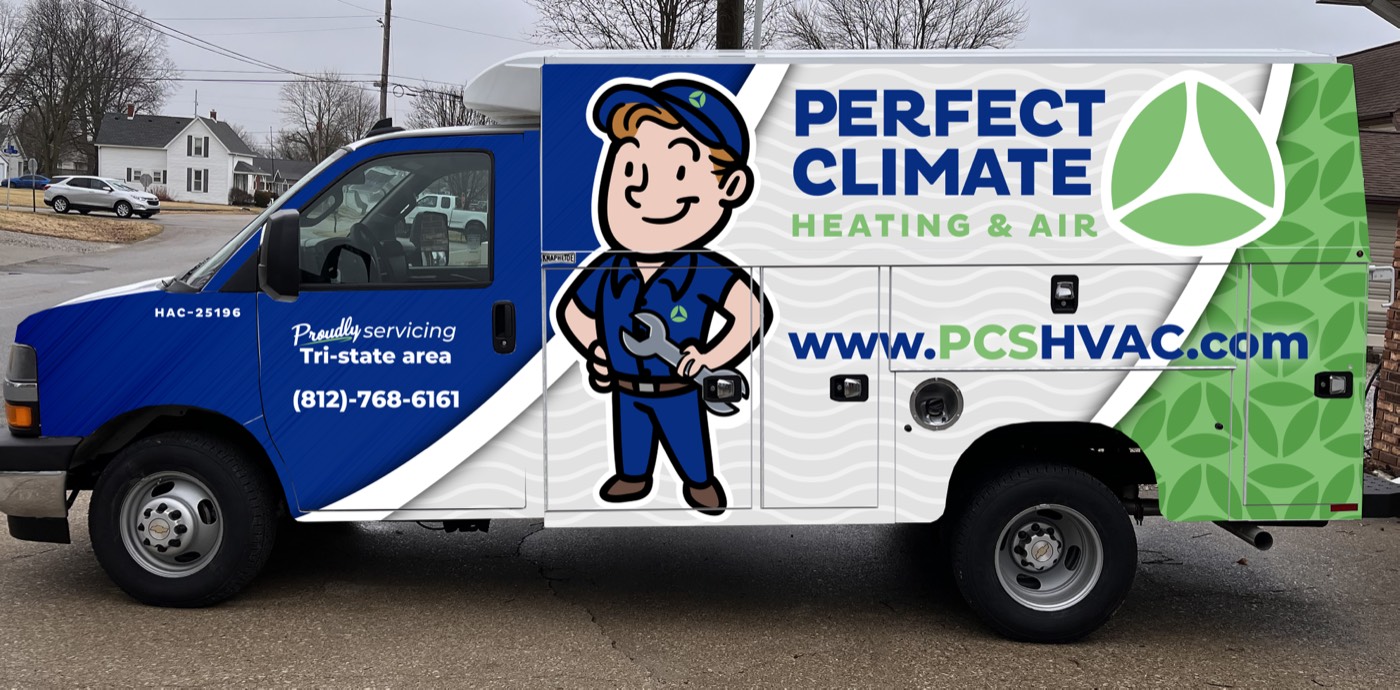 A Perfect Climate service truck wrapped 'Proudly servicing the Tri-state area'